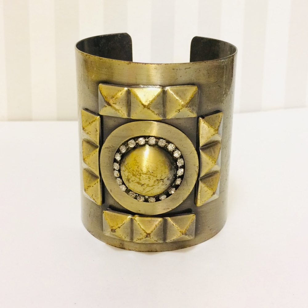 Vintage Gold Brass Rhinestone Metal Cuff Bracelet